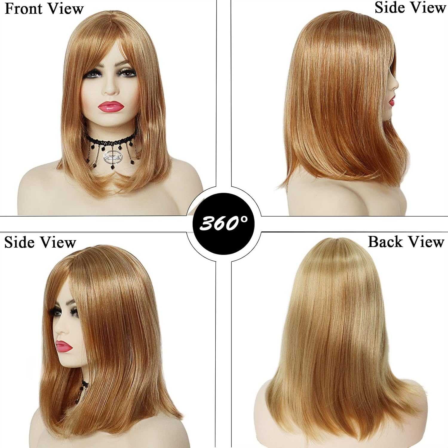 GNIMEGIL Strawberry Wig Blonde Halloween Costume Wig with Bangs Medium Length Mom Bob Wigs for Women Celebrity Natural Straight Hair Highlights