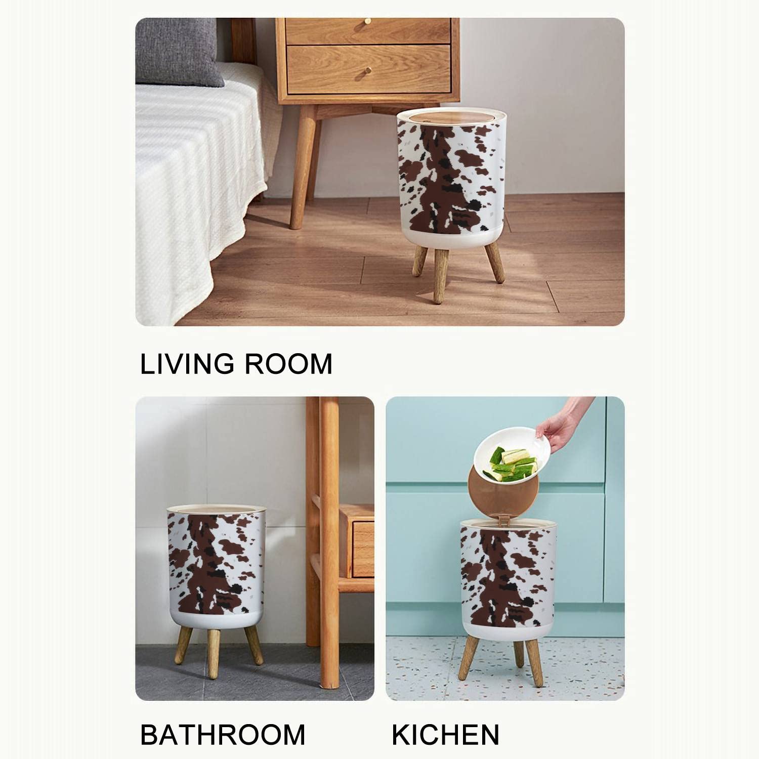 Small Trash Can with Lid Seamless Texas Longhorn cow hide print design with big brown spots Garbage Bin Wood Waste Bin Press Cover Round Wastebasket for Bathroom Bedroom Kitchen 7L/1.8 Gallon