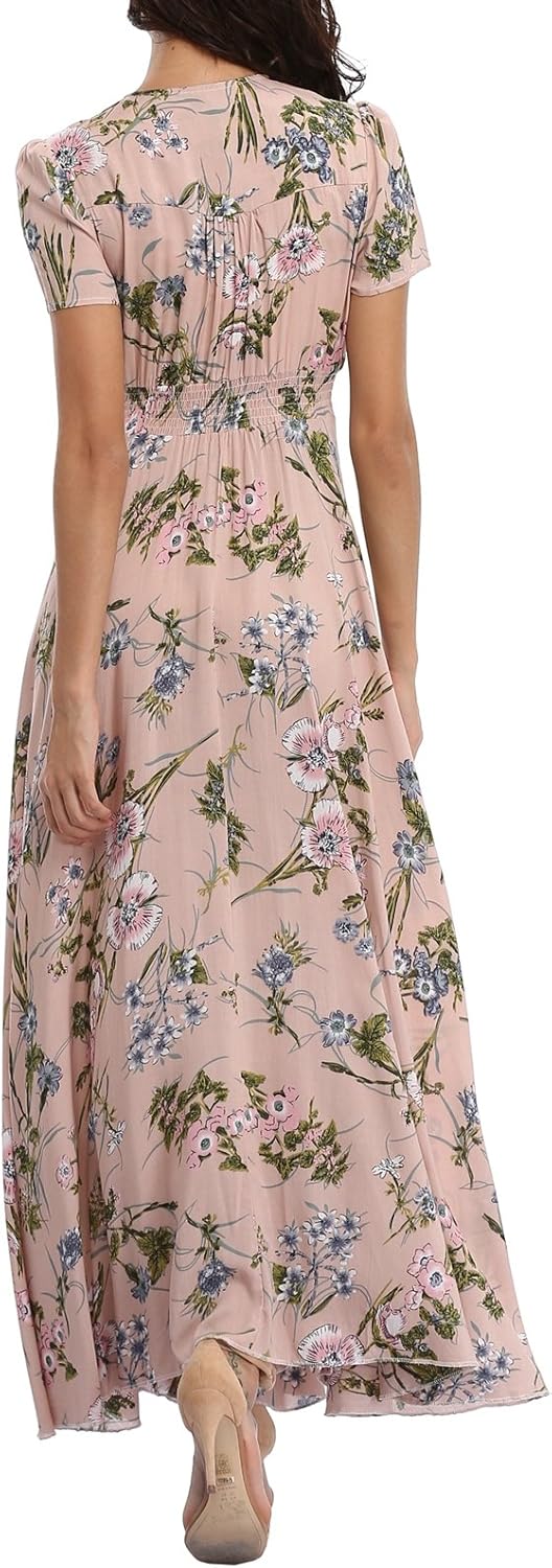 Women's Floral Maxi Dresses Casual Long Summer Boho Beach Dress Short Sleeve Button Up Split Party Dress - Image 4