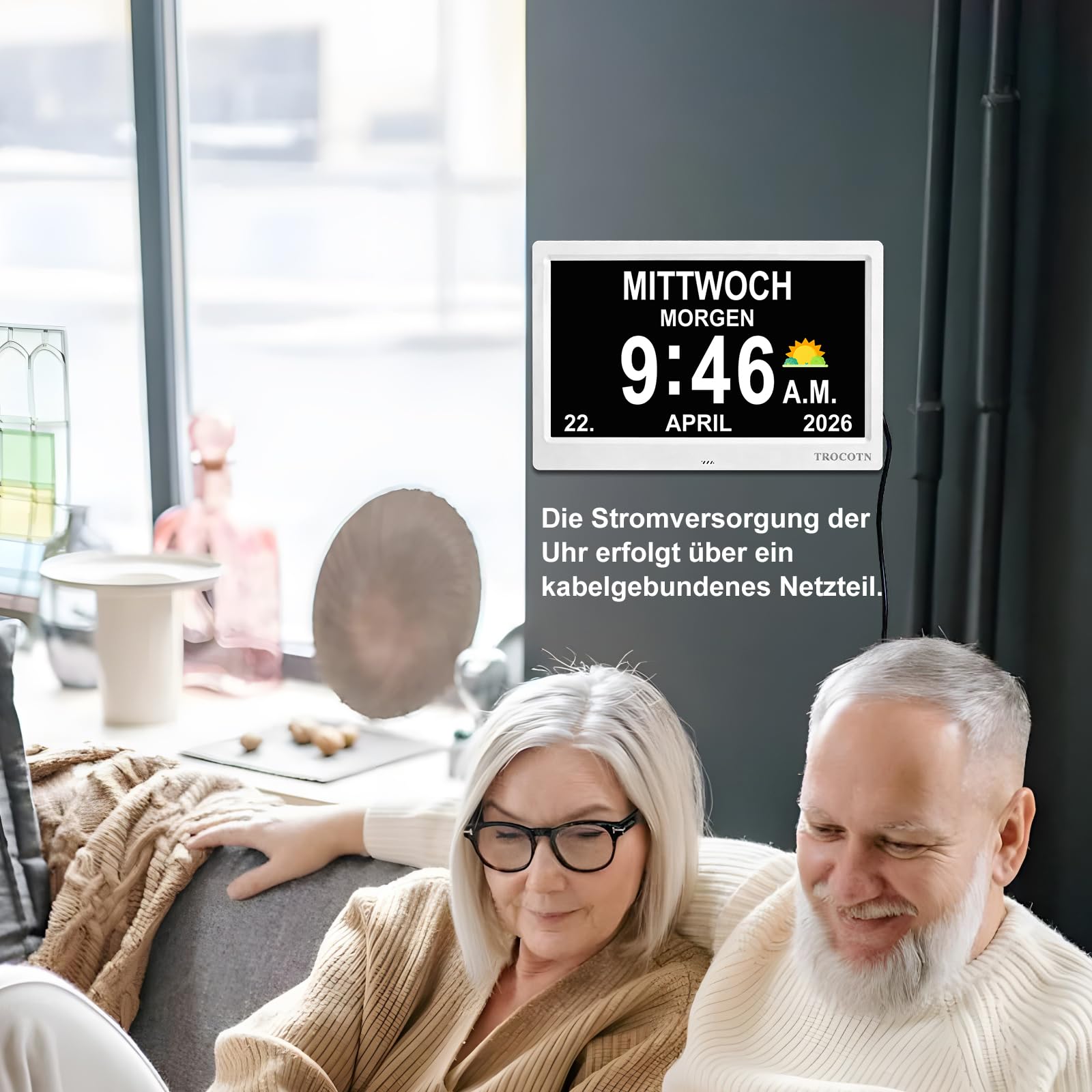 TROCOTN Demenz Uhr senioren, digitaler Kalender, seniorenuhr, großes Display Wecker Wanduhr (Weiß, 10 Zoll)