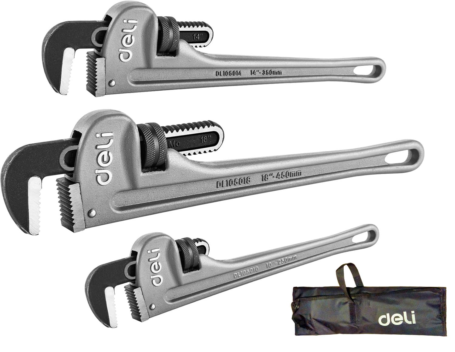 deli 3-Piece Heavy Duty Aluminum Pipe Wrench Set, 10" 14" 18" Adjustable Pipe Wrench Set with Tool Bag, Professional Plumbing wrench Set, for Pipe, Home, Vehicle repair