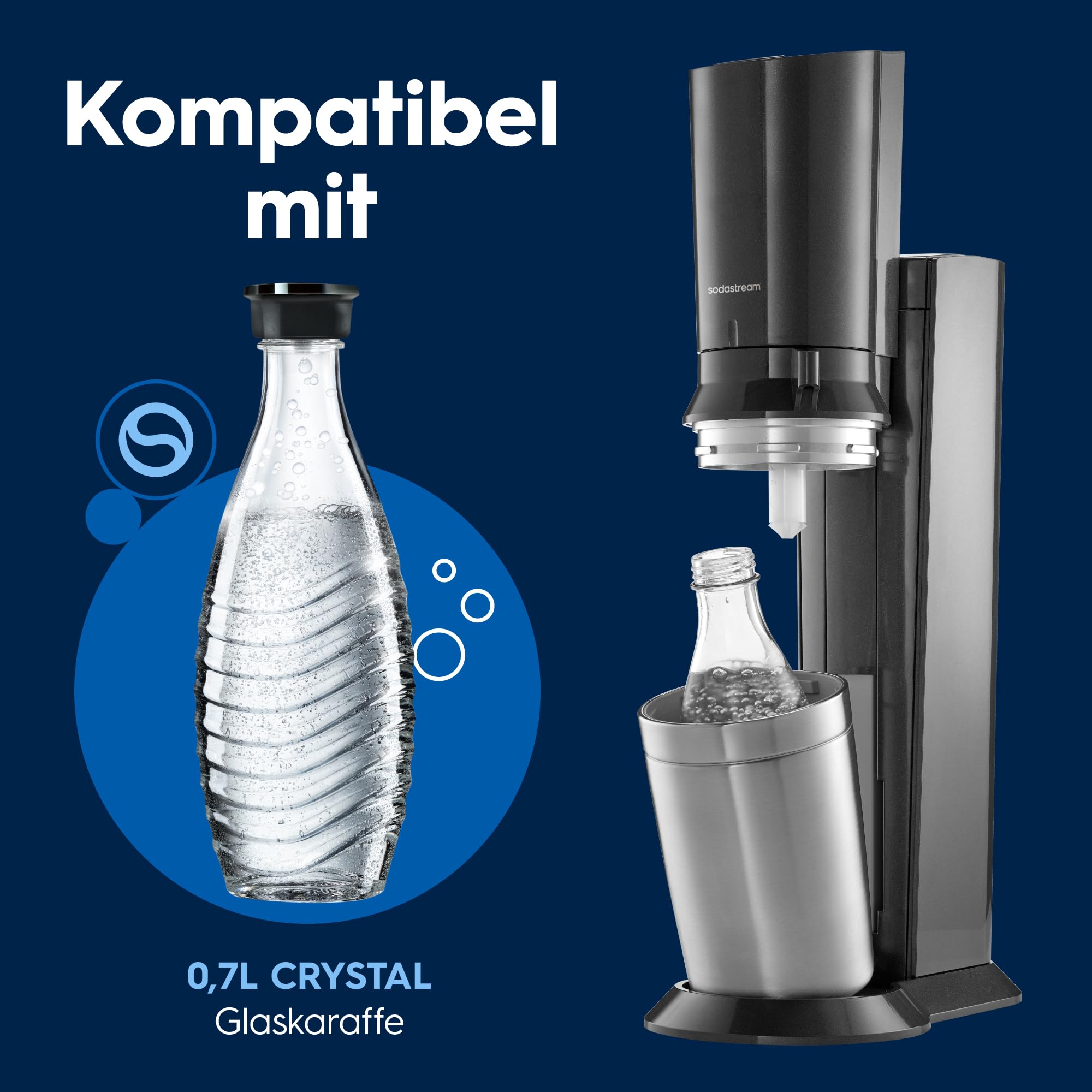 SodaStream Crystal 3.0 Wassersprudler mit Glaskaraffe, Quick-Connect CO2-Zylinder, 2x 0,7 L Glaskaraffen, Grau
