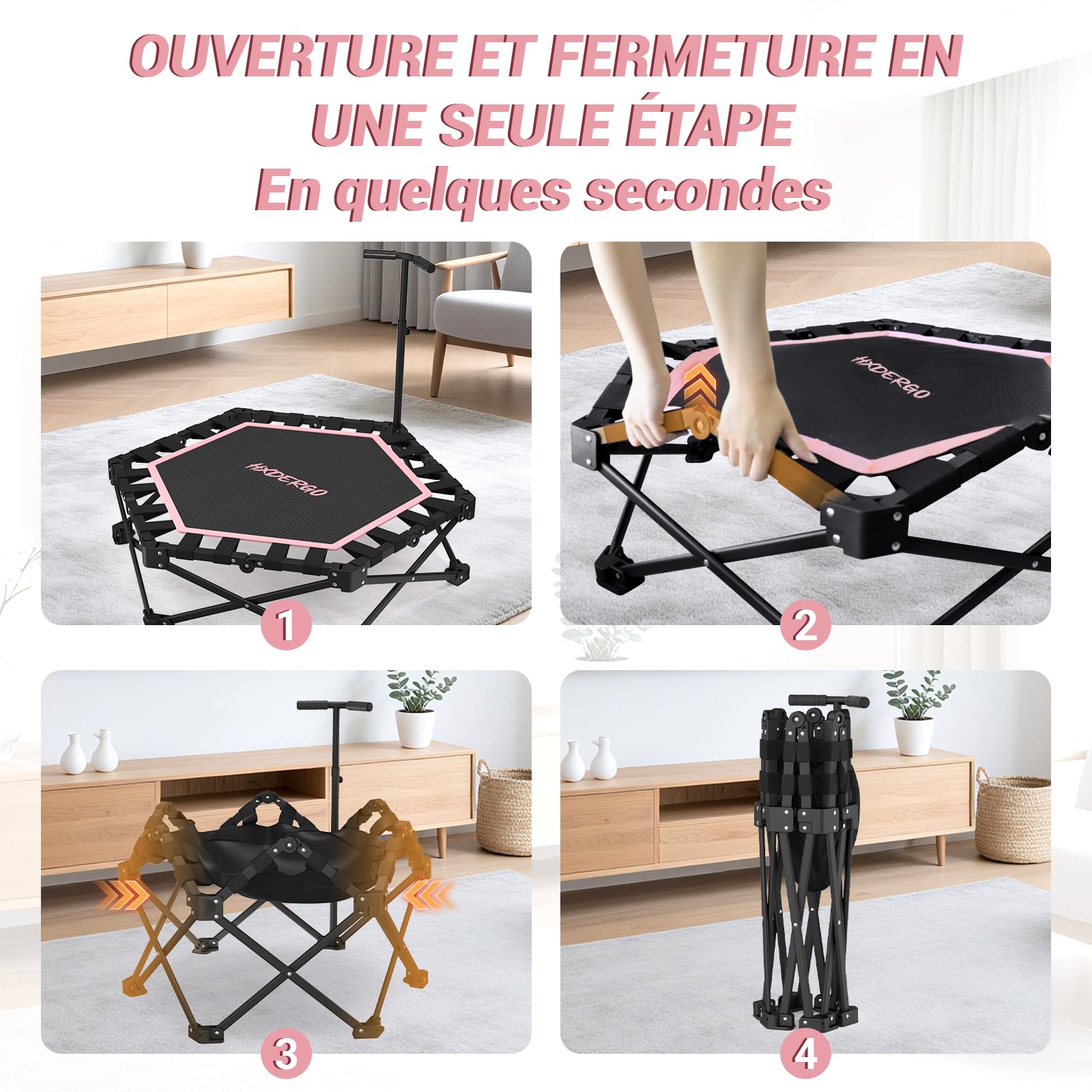 HXD-ERGO Trampoline de Fitness avec poignées réglables, Mini Trampoline de Saut Pliable pour Adultes, diamètre 106 cm