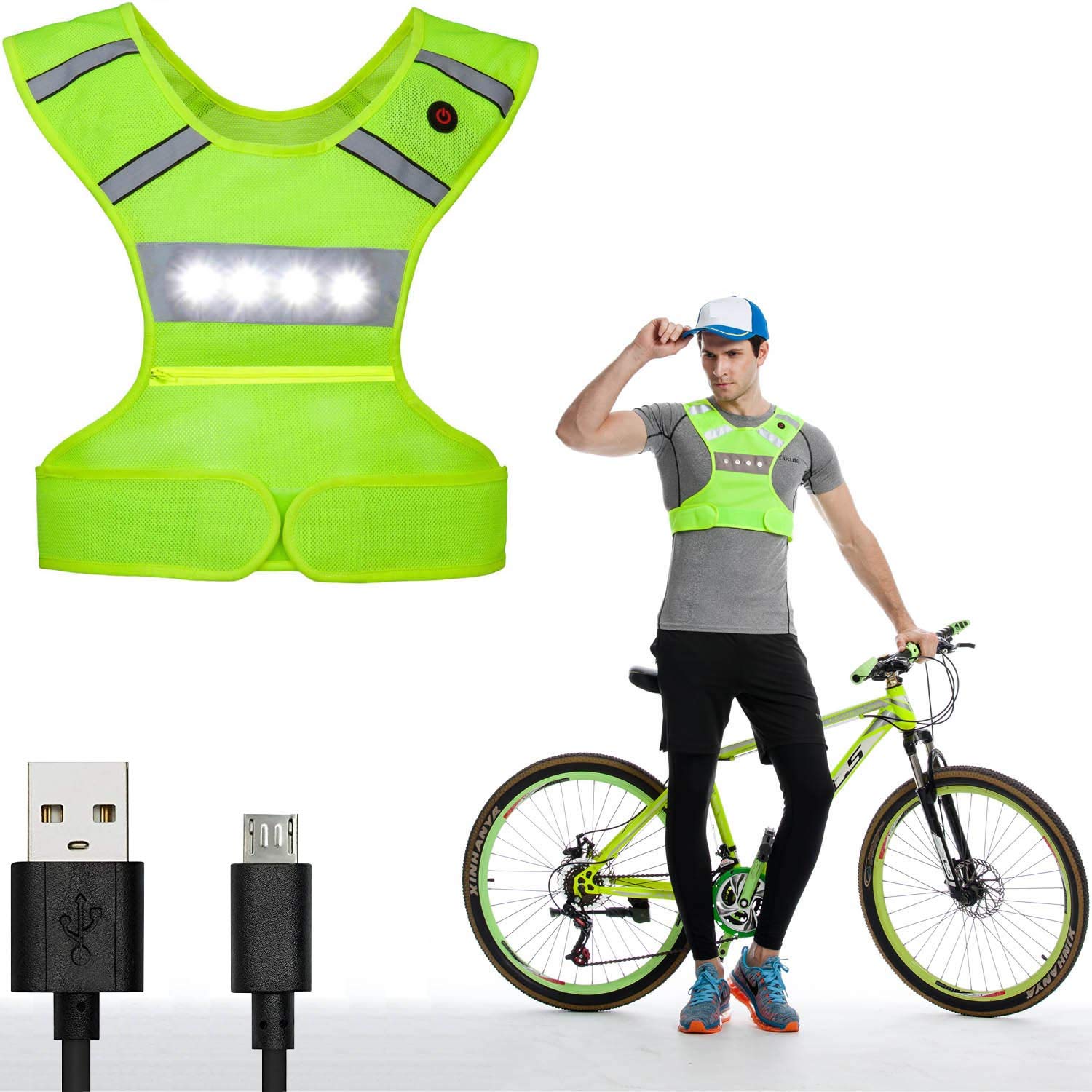AMNQUERXUS Machine Washable Reflective Running Vest with LED Lights USB Rechargeable Safety Gear with Adjustable Waist, High Visibility Light Up Flashing Vest Gifts for Men Women Kids Dog Walking