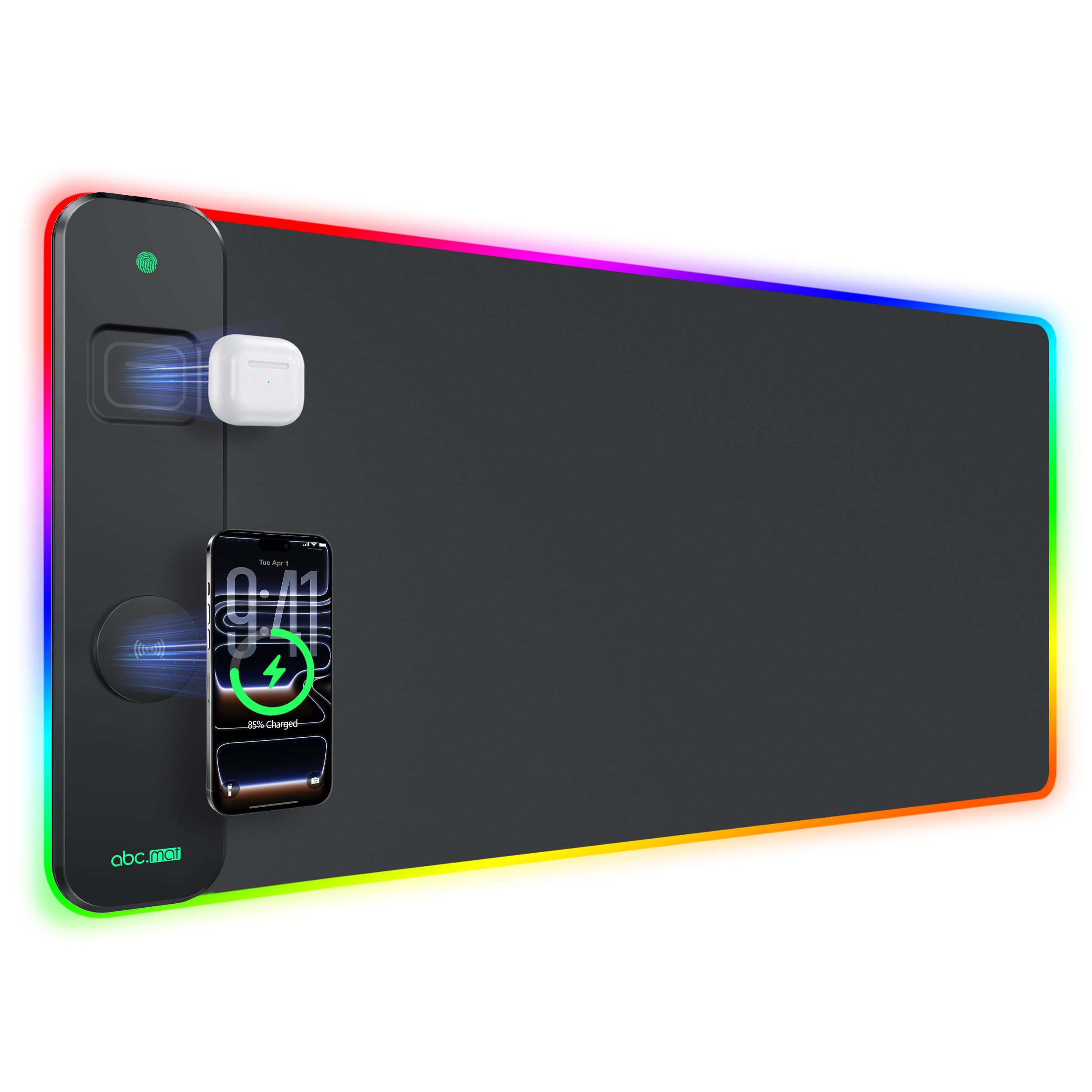 Alfombrilla de mouse RGB 3 en 1 para juegos con carga inalámbrica magnética, 31.5 x 15.8 pulgadas, grande, 24 efectos de luz, base antideslizante, superficie ultra lisa impermeable, sin