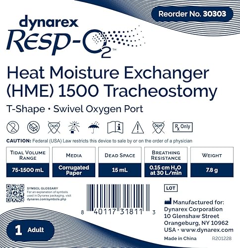 Miniatura 2 de Dynarex 30303 Series Resp-02 Trach HME 1500 - Intercambiador de humedad de calor con traqueotomía en forma de T con puerto giratorio O2, paquete de