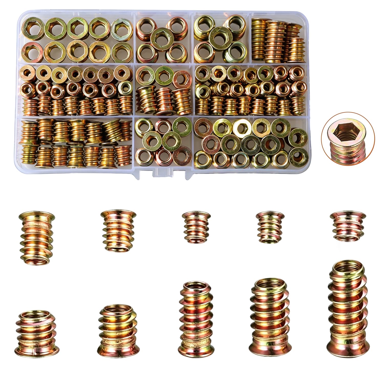 181Pcs Threaded Inserts for Wood,Heavy Duty Hex Socket Metal Insert Nuts