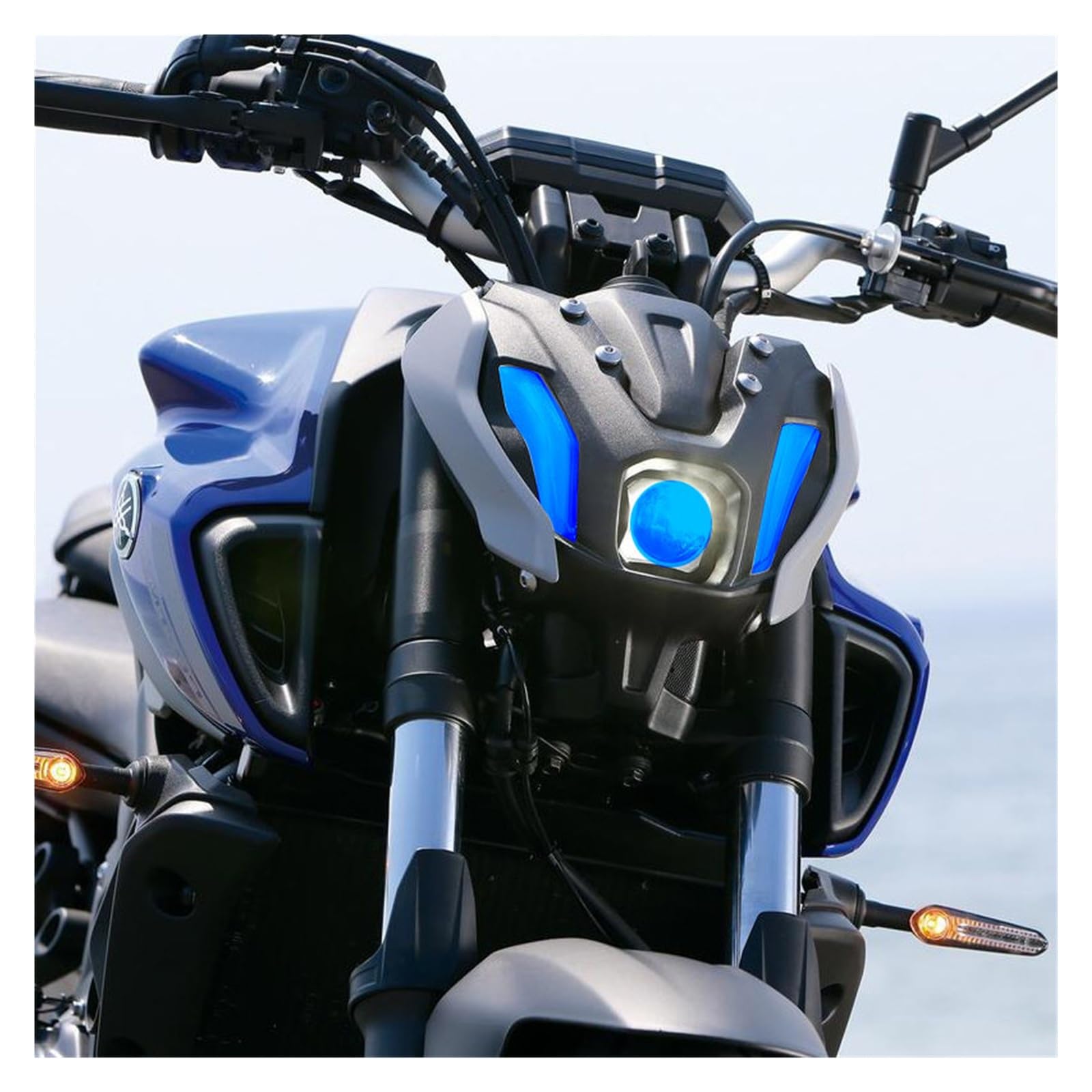 osłona reflektora motocykl Dla YAMAHA MT-07 MT07 2021 Zmodyfikowana Motocyklowa Osłona Reflektora, Folia Ochronna Zmieniająca Kolor, Soczewka Reflektora metalowy retro grill(Blue)