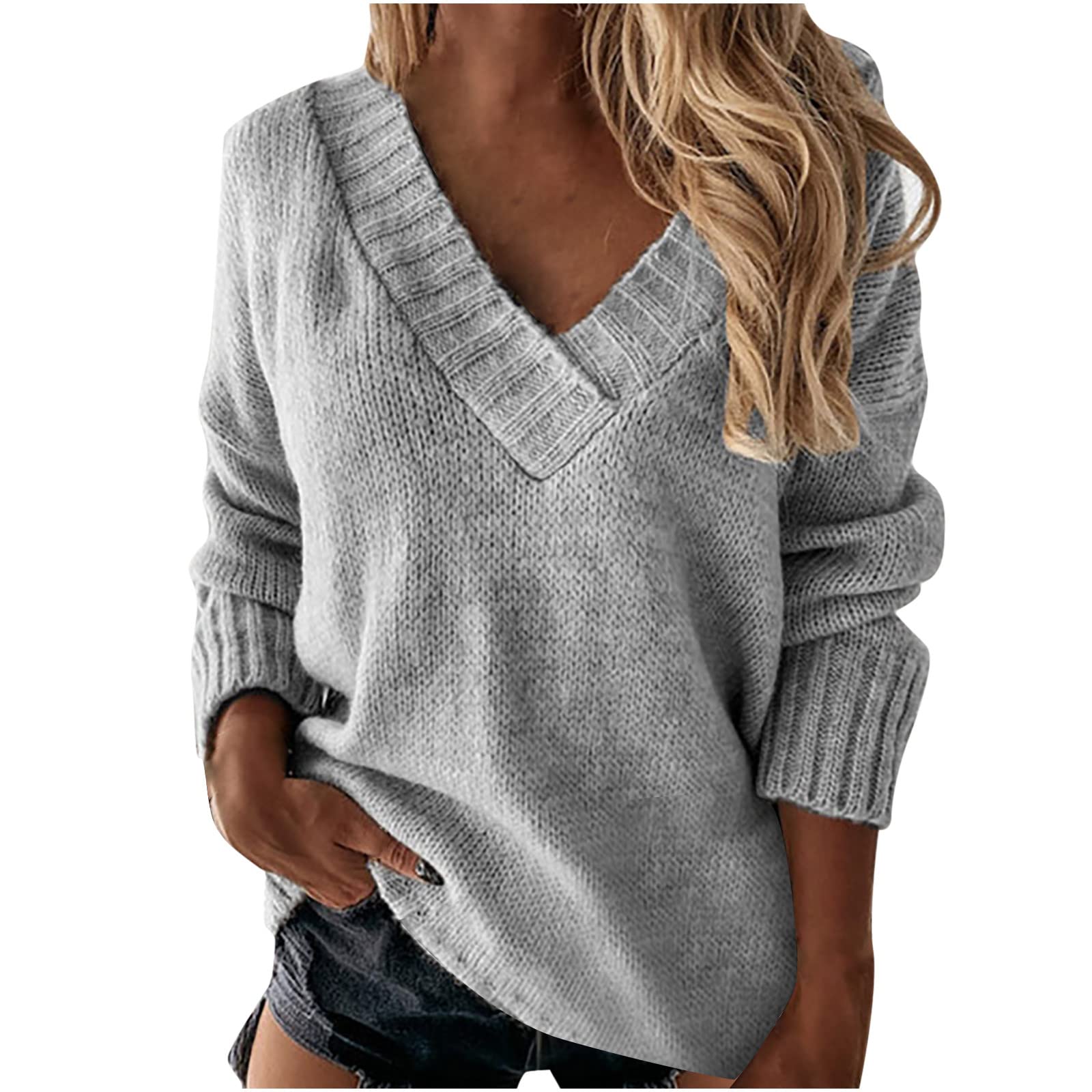 Ybing Jersey para mujer, monocolor, manga larga, informal, cuello de pico, sudadera delgada, corte regular, cómodo, camiseta larga, otoño, invierno, cálido, manga larga, top básico