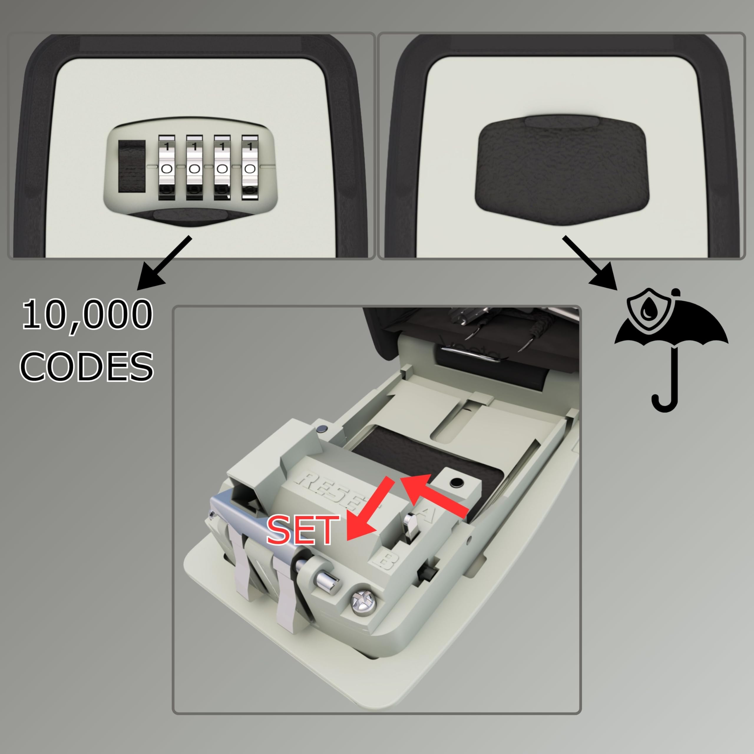 VECTA Coffre à Clés avec Anse Portable – Code 4 Chiffres Aluminium, Étanché pour 5 Clés, Noir/Gris – Boîte à Clés Murale & Suspendue Maison, Airbnb, Garage