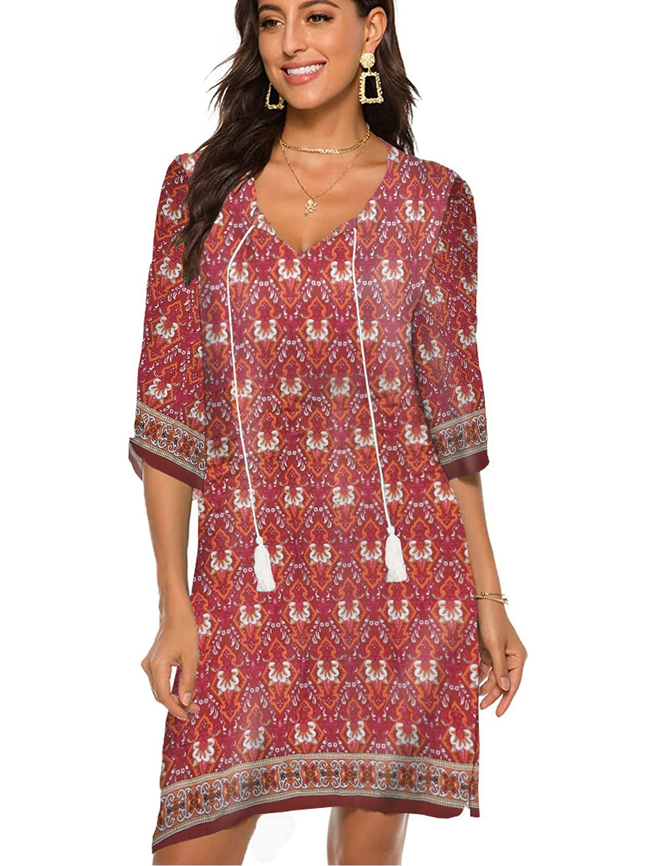 Photo 1 of Halife Women's Vintage Ethnic Style Printed Tassel Tie Neck Loose Fit Bohemian Tunic Dress Medium Lychee Red