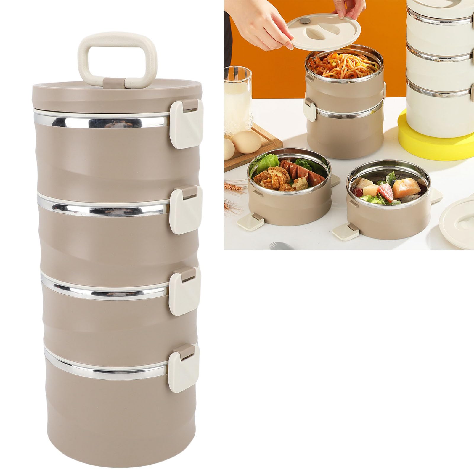 AMONIDA 4 Livelli Lunch Box, Contenitore Rotondo Impilabile (BROWN)