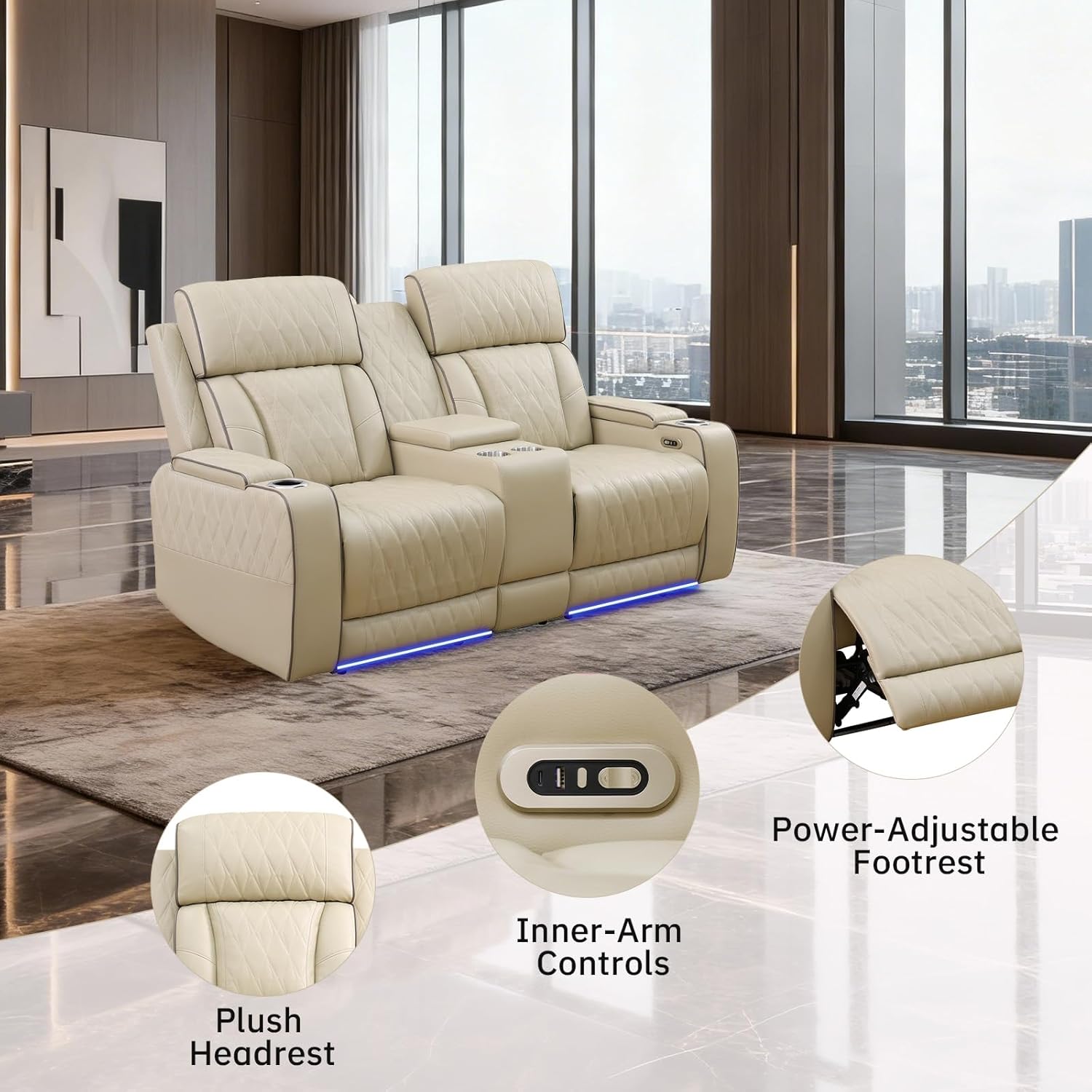 Living Room Furniture Sets, Power Recliner Sectional Sofa with LED Lights, Leather Couch Set, Reclining Loveseat for Living Room, Home Theater,and Office (2-Seater Loveseat, Beige)