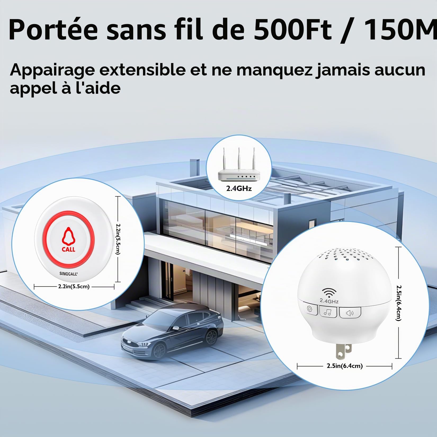 SINGCALL Système d'Alarme Panique sans Fil Tuya WiFi pour Personnes Âgées | Système d'Appel pour Patients/Seniors/Enfants avec 1 Récepteur Tuya WiFi 2.4 G Hz à Brancher et 2 Boutons d'Appel Portables