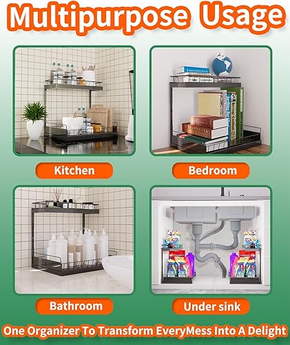 Miniatura 2 de Organizador para debajo del fregadero, 2 niveles deslizantes para almacenamiento debajo del gabinete, acero al carbono de carga pesada para