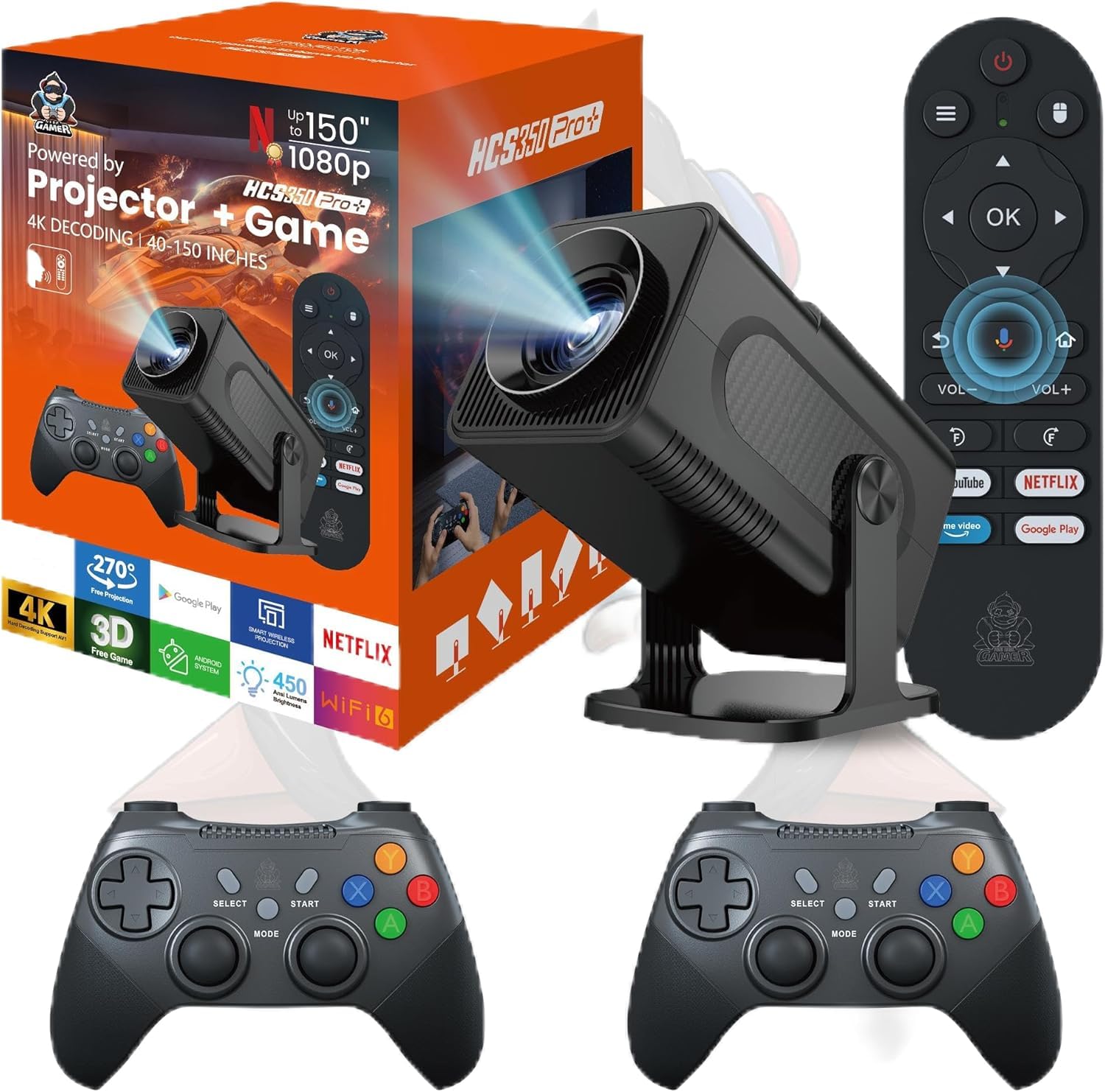 HCS350 Pro+ Gaming Projector, 4K Retro Smart Gaming Projector, 1980x1080P 36000 Games Built-in, Portable Video Game with 2 Wireless Controllers, WiFi 5G, Bluetooth, HDMI, Android 12