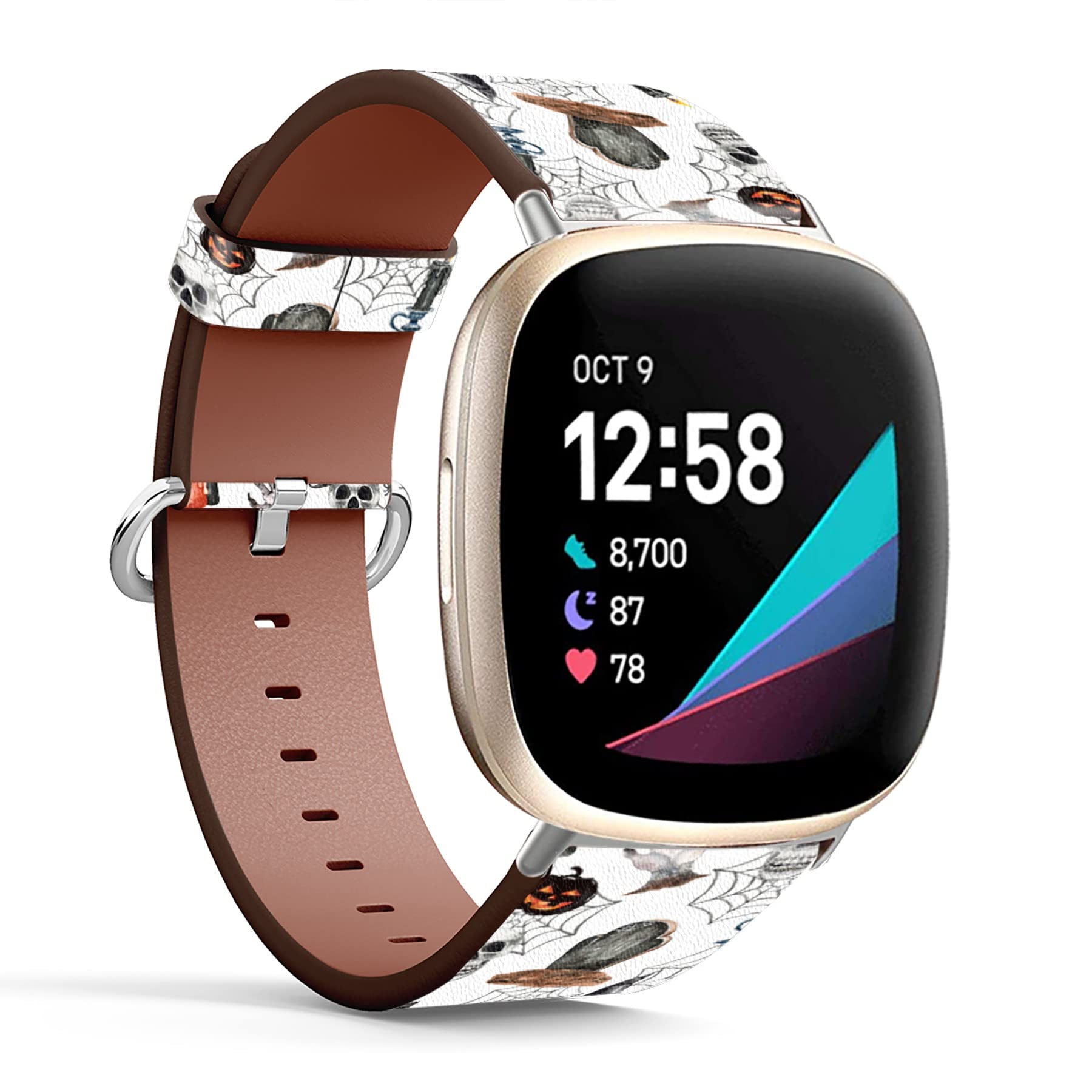 Mingdao Compatible with Fitbit Versa 4 / Versa 3 / Sense 2 / Sense Patterned Leather Replacement Band (Halloween Pumpkin and Skull with Witch Hat)