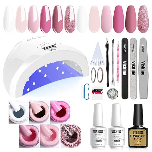 Vishine Kit de iniciación de esmalte de uñas de gel con lámpara LED UV de 48 W, secado rápido, herramientas de manicura, 6 colores bonitos, base y