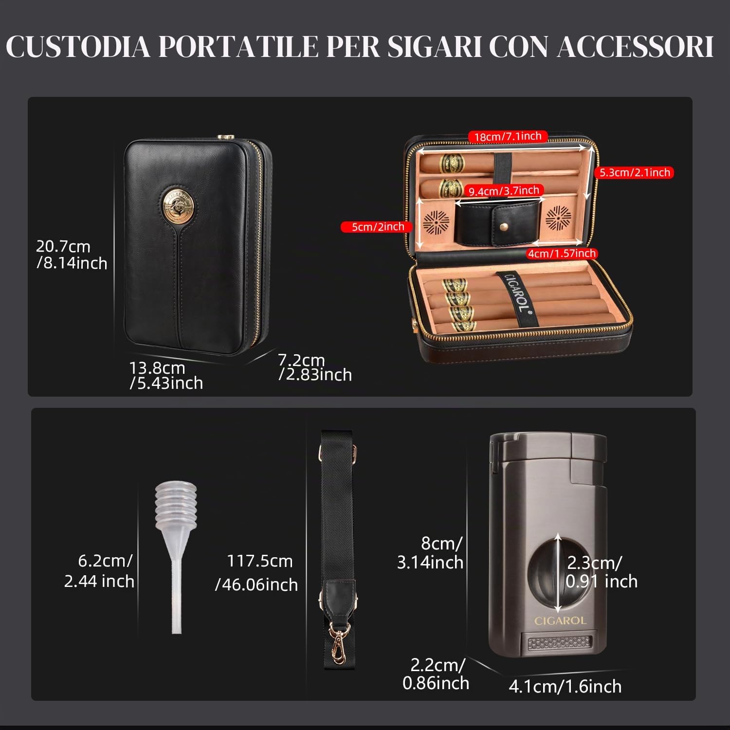 Porta Sigari, Humidor Sigari con Accendini, Portatile Portasigari in Pelle da Viaggio con Umidificatore per 6 Sigari, Perfetto Regalo per Uomo (Sigaro Non Incluso)