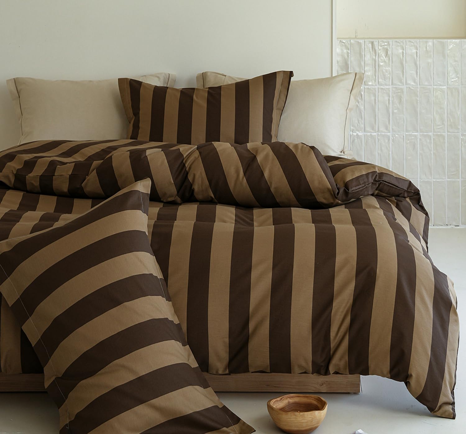 Striped Duvet Cover Queen Set, 100% Natural Cotton Vintage Brown & Beige Stripes Pattern Printed Bedding Set, 3 Pieces Soft Breathable Luxury Duvet Set for All Season