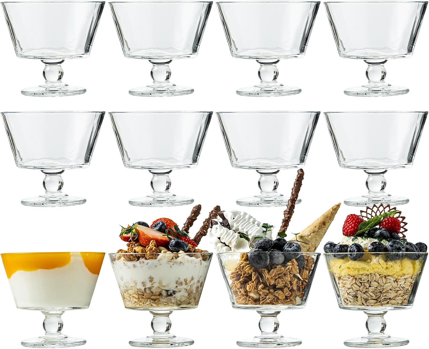 Vintage Glass Dessert Bowls, 9oz Clear Ice Cream Dessert Cups, Footed Ice Cream Bowls Glass for Sundaes, Yogurt, Breakfast, Oats, Sorbet, Ice Cream, Cocktail, Condiment, Trifle (4)