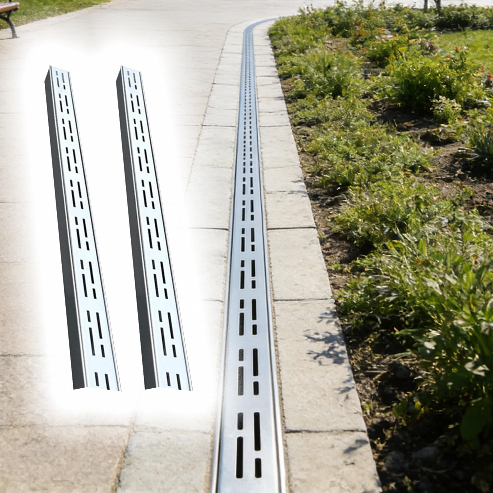 GLDYTVF Drainage Channel 2-Pack Rainwater Trench & Entry Drainage Gutters for Outdoor Use Patio Window Wells Steel Grate Silver (100x5x5cm/39.4x2x2in)