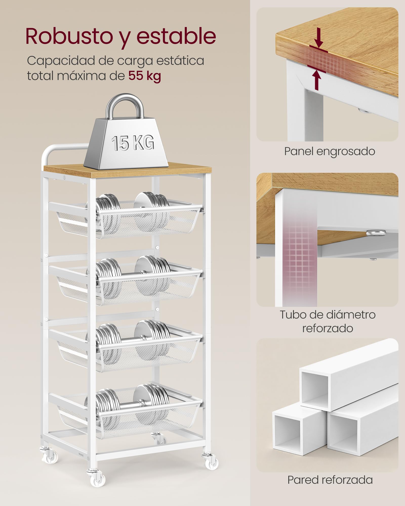 VASAGLE Carrito de Almacenaje de 5 Niveles, con Cestas Extraíbles, Estante de Cocina con Ruedas y Asa, 31,7 x 40 x 95 cm, Roble Dorado y Blanco Mate LRC041YA01