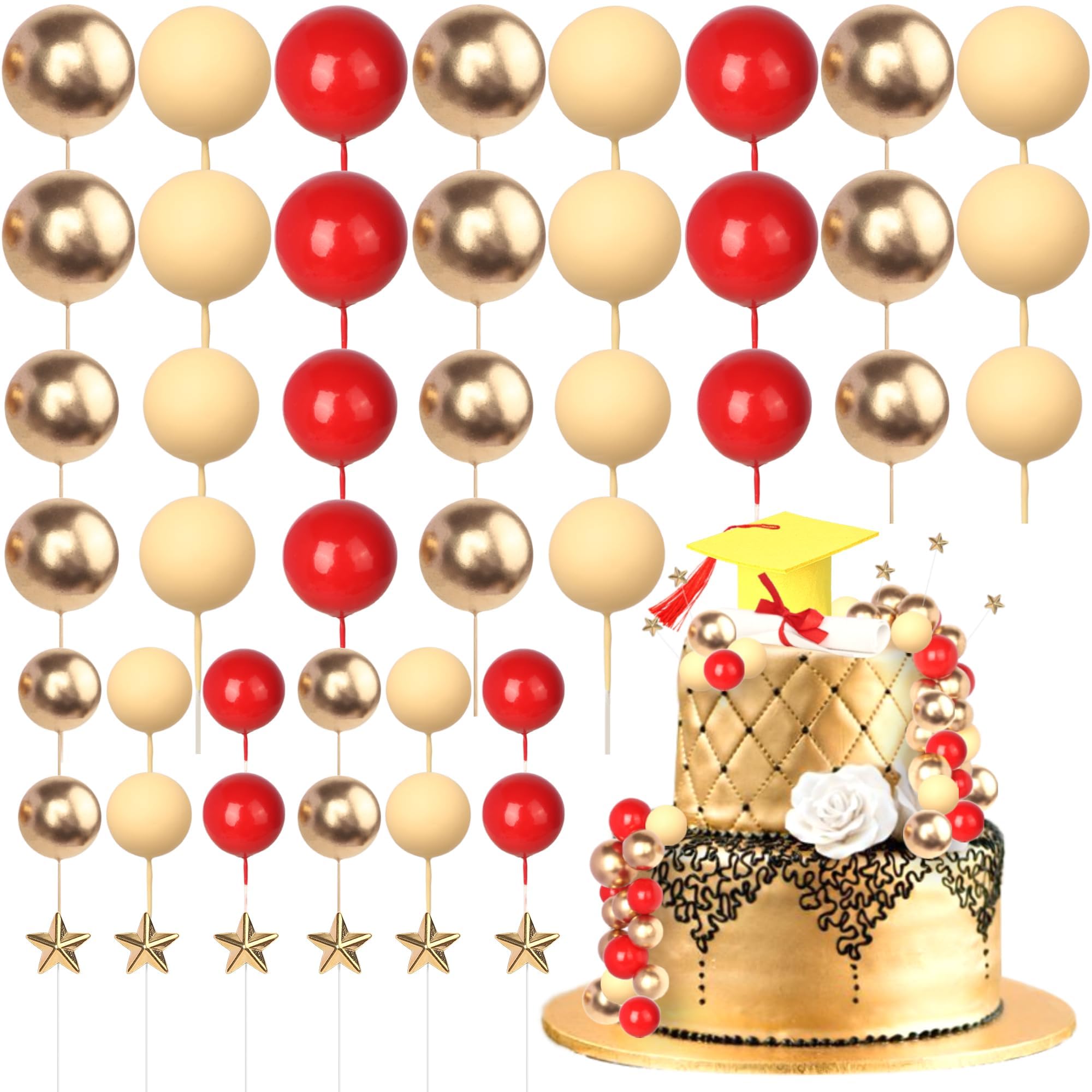 Xsstarmi Grad Cap Cake Topper Decor Star Balls Congrats Grad Diploma Done Cake Pick Class of 2026 Graduation Party Cake Decorations for Prom 2026 Graduation Party Cake Supplies Gold Red