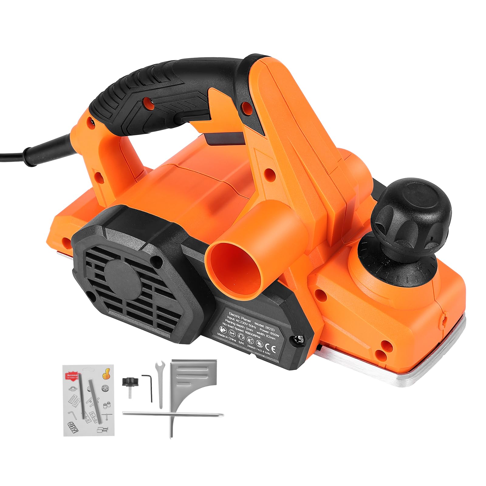 VEVOR Rabot Électrique Filaire Largeur de Coupe 82 mm Raboteuse à Bois à Main 650 W 16800 tr/min Profondeur Coupe Réglable 2 Lames Outil de Menuiserie pour Travail Chanfreinage Bois, Finition Lisse
