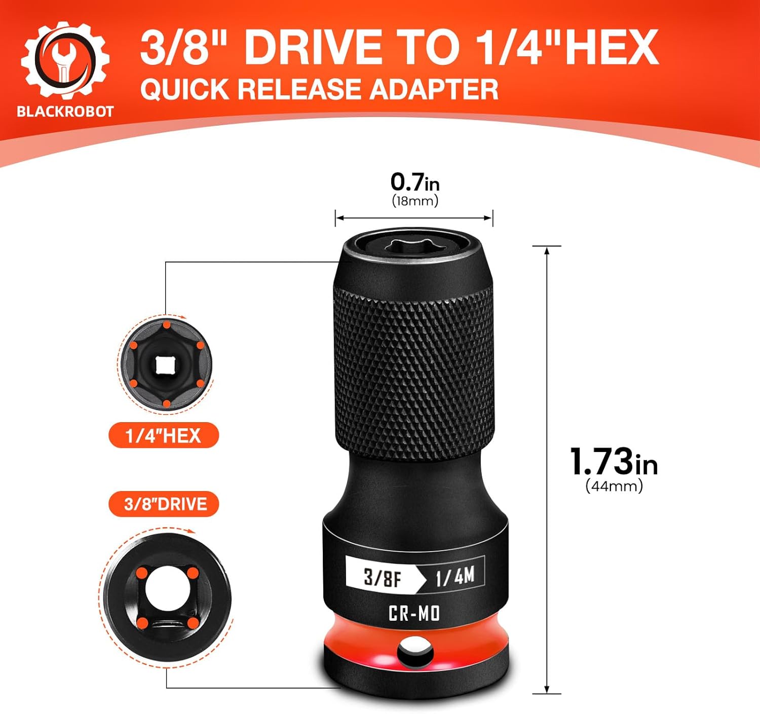 BLACKROBOT Quick Release Impact Bit Holders 3/8-Inch Square Drive to 1/4-Inch Hex Socket Adapter, CR-MO Steel, Red
