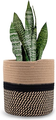 Miniatura 8 de Cesta de cuerda de algodón tejida para macetas de 11 pulgadas de suelo, canasta pequeña decorativa para almacenamiento de plantas, decoración