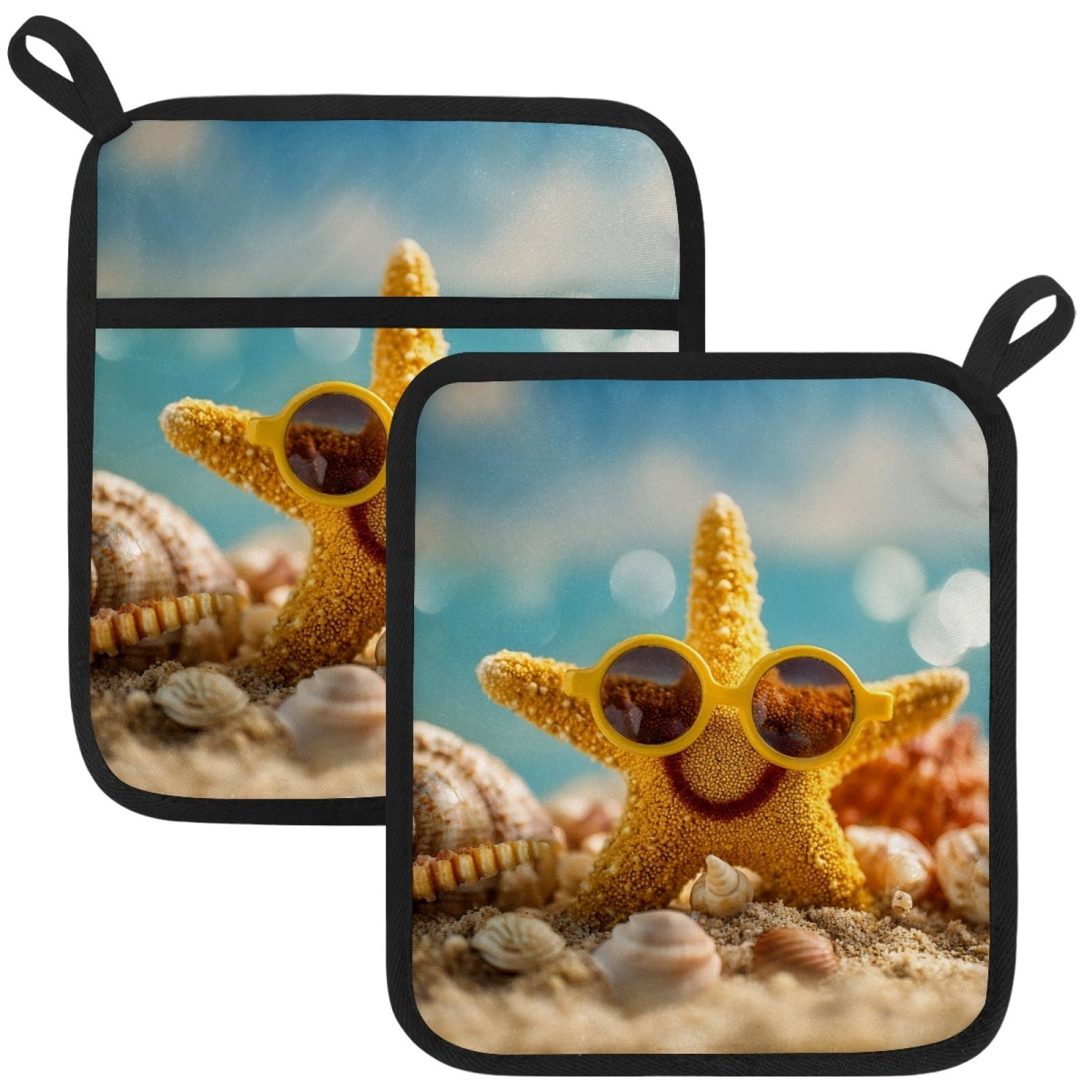 VAPOKF Ocean Starfish Heat Resistant Pot Holders, Thick Pot Holders Pad with Hanging Loop for Kitchen, Oven Cloth Pads for Kitchen Baking Microwave Oven