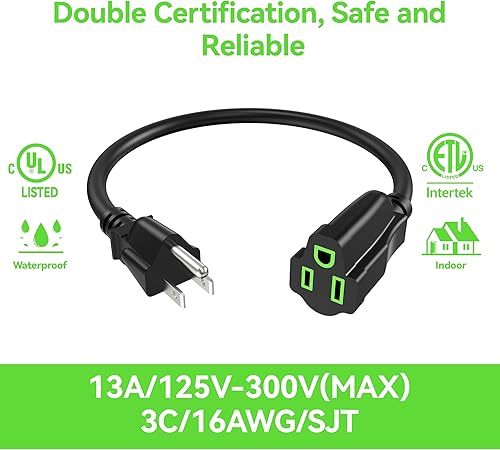 Miniatura 2 de Cable de extensión de alimentación de 3 pies (paquete de 2), 3 clavijas con conexión a tierra para cable de extensión eléctrico, salida única,