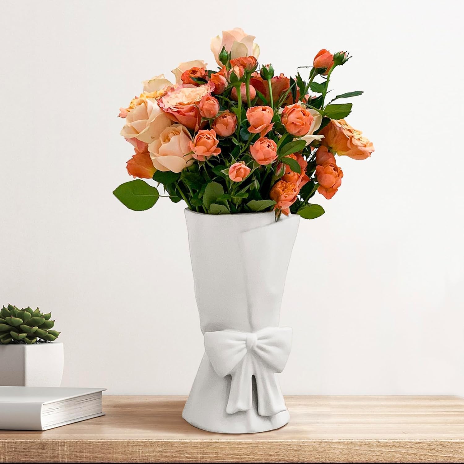 White Ceramic Bow Vase Unique Cute Decorative Bouquet Flower Vases 9.64 in Easter Mother's Day Spring Decor Vase