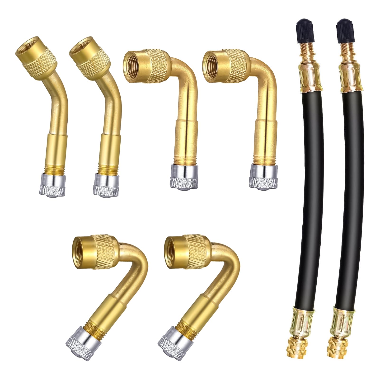 8 Pezzi Prolunga Valvola Pneumatico, Estensione Valvola Pneumatico Angolare 45° 90° 135°, con 2 Prolunghe Flessibili 180mm e 6 Cappucci Metallici, Adattatore Valvola Schrader per Auto Bici Scooter