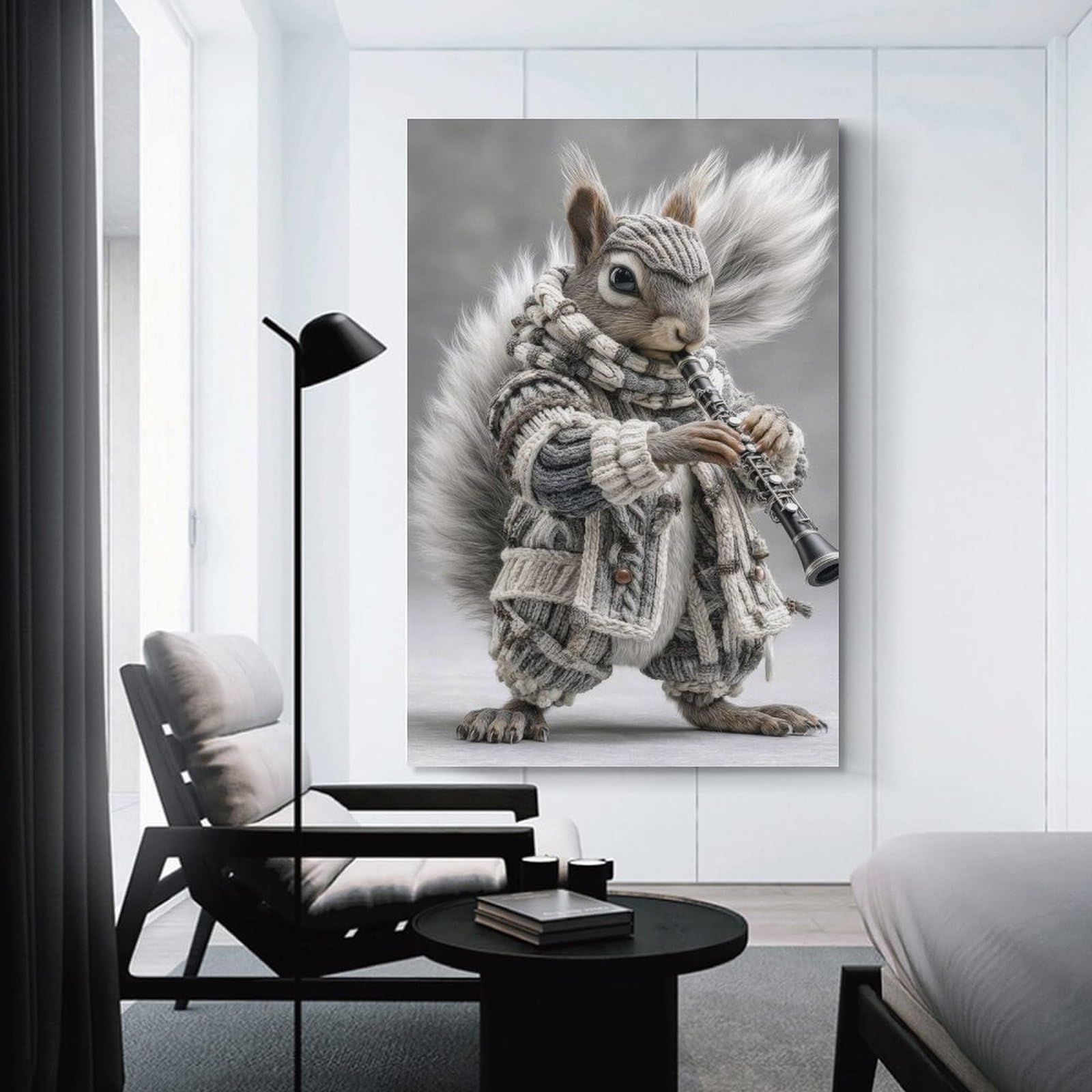 Junmoney Squirrel Playing Clarinet in Knitted Outfit Canvas Art Print, 12x18inch(30x45cm), for Bedroom Decor, Cosy Corners Or Studios, A Warm Accent for Relaxed Interiors