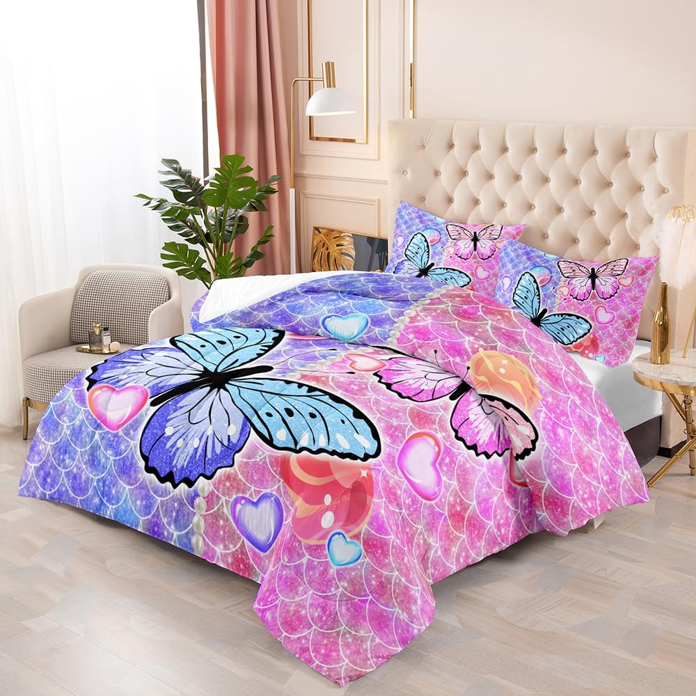 DYcolor 3D Cute Scales Floral Butterfly Printed Quilt, 3-Piece Hearts Flower Butterflies Comforter Set with 1 Comforter and 2 Pillow Shams for Kids/Adults (BluePink, Twin)