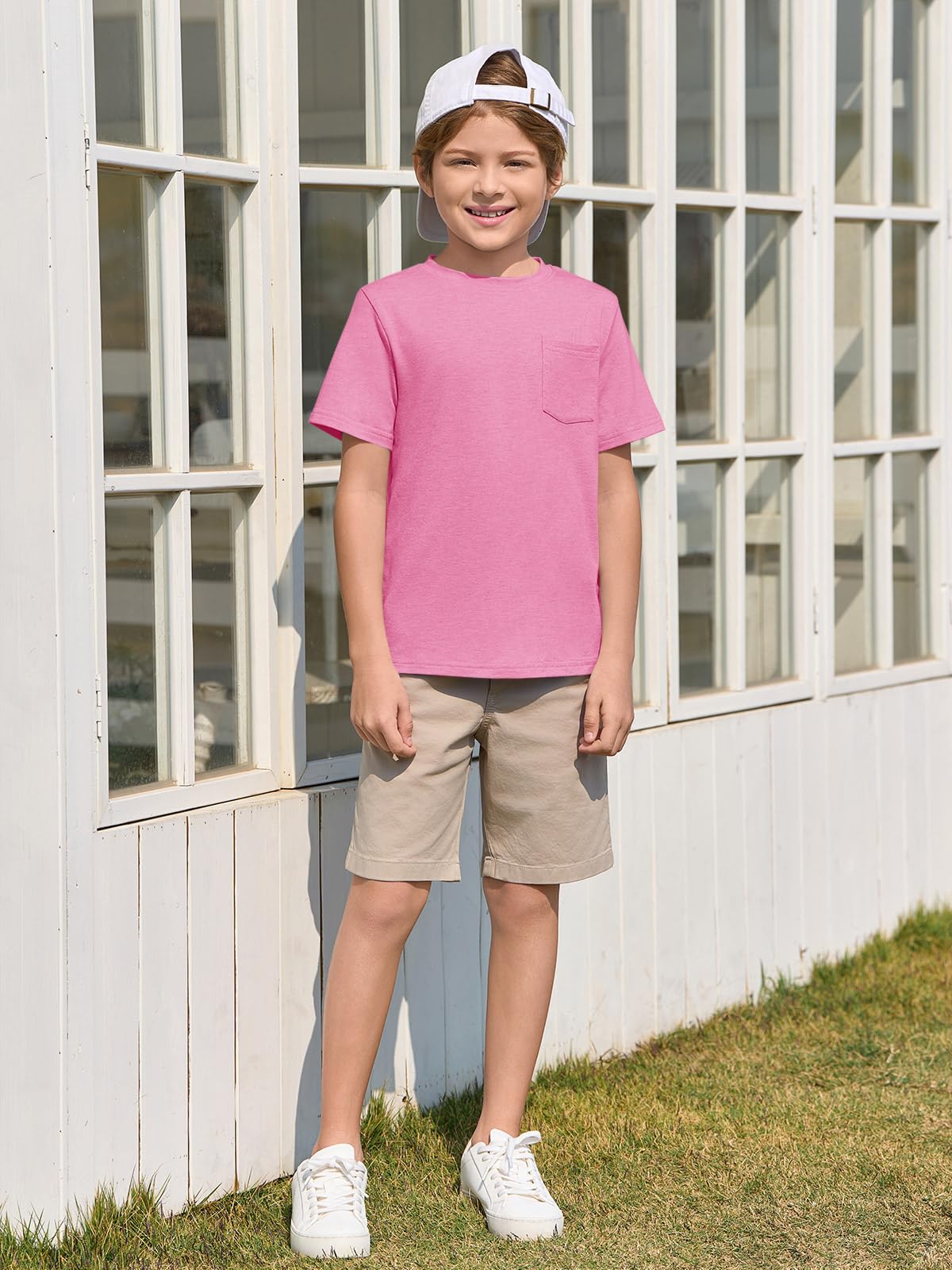 Haloumoning Camiseta de manga corta con cuello redondo para niños, para verano, lisa, ligera, ajuste regular, camisetas deportivas, informales, básicas, con bolsillo en el pecho, 5-14 años — view 5