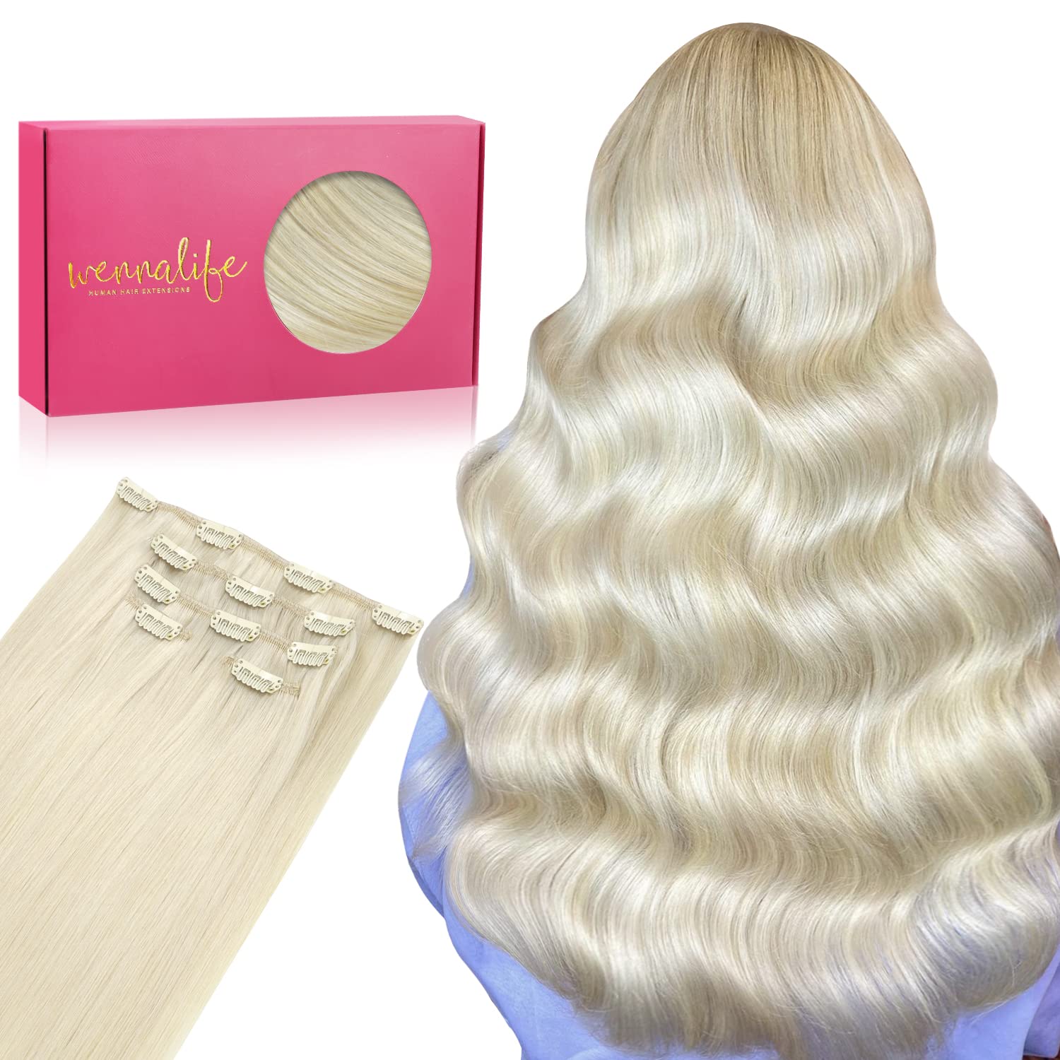 WENNALIFE Przedłużenia z naturalnych włosów z klipsem, włosy ludzkie Remy, 35 cm, 75 g, 5 szt., platynowy blond