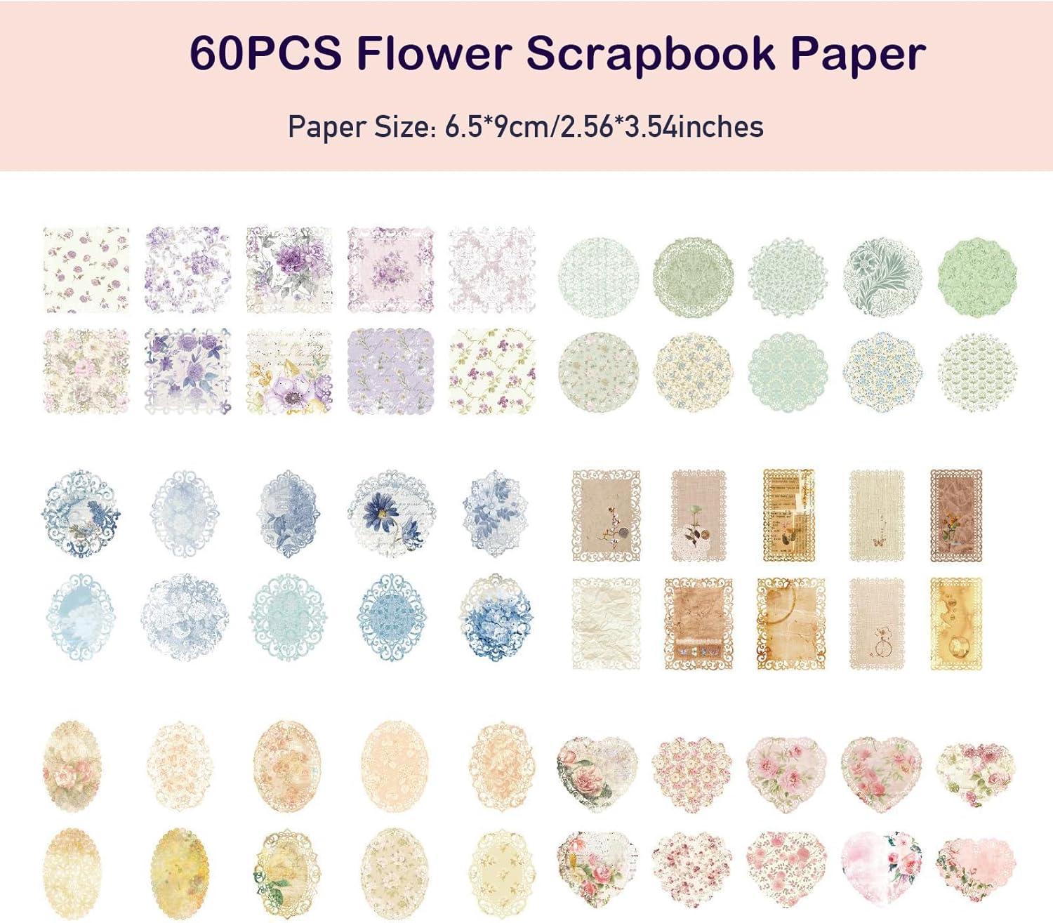 Maxleaf 60Pcs Lace Edged Flower Scrapbook Paper for Letter Writing Vintage Decorative Paper Scrapbooking Supplies DIY Planners Aesthetic Bullet Collage Stationery Paper