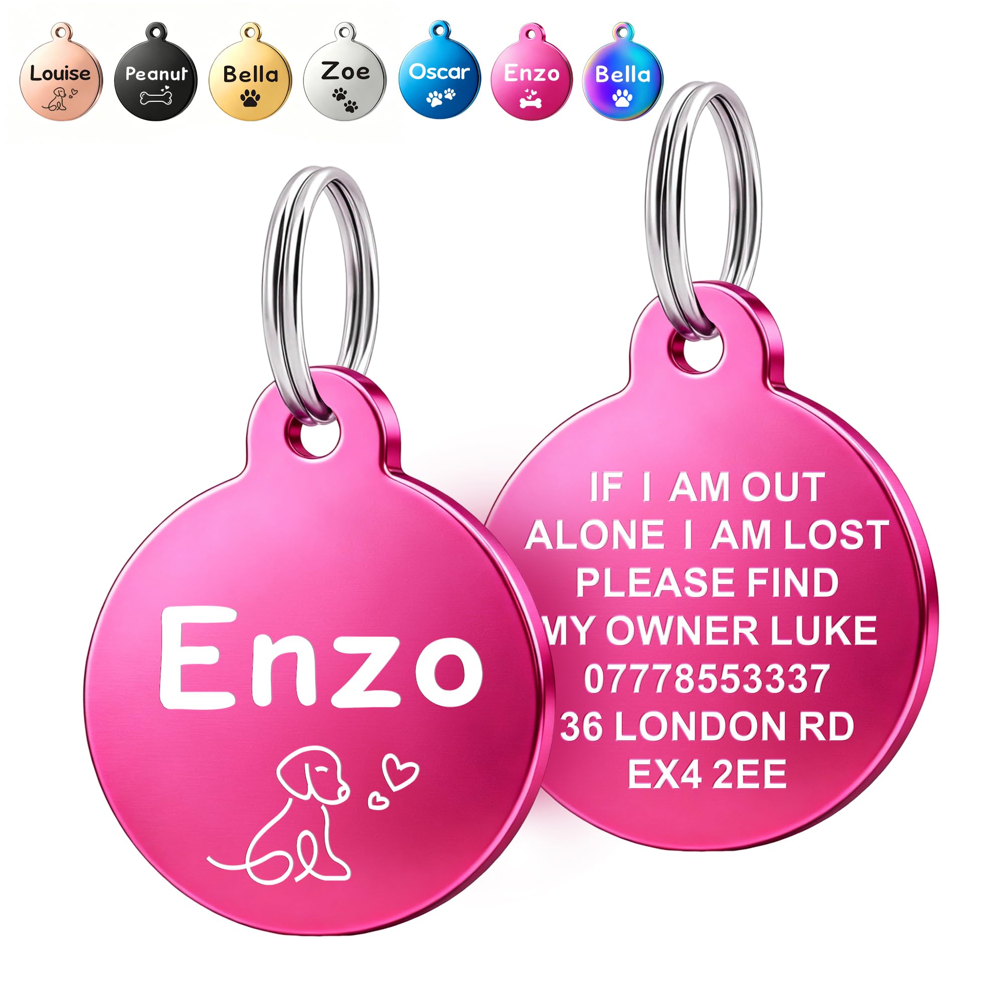 Deep Engraved Dog Tags for Pets UK Prime, Personalised Cat Dog Name ID Tags, Stainless Steel Pet Tag for Doggy Kitten Kitty Puppy, Scratch Resistant Tag (Pink Round, S)