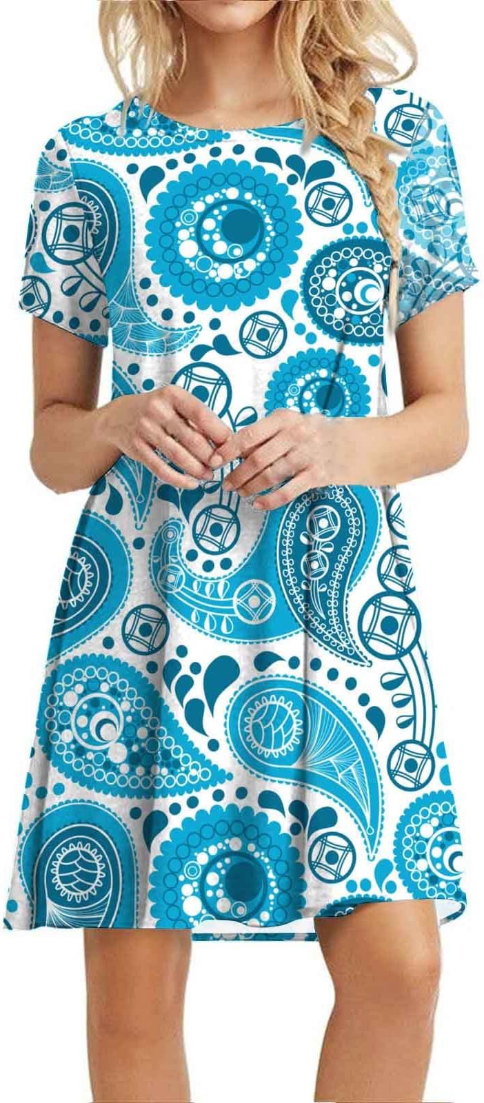 Summer Dresses for Women - Women's Summer Casual Loose Crewneck Boho Dress Floral Print Short Sleeve Loose Tunic T Shirt Dress Casual Short Dress Straight Mini Dress High Waist Midi Beach Dress