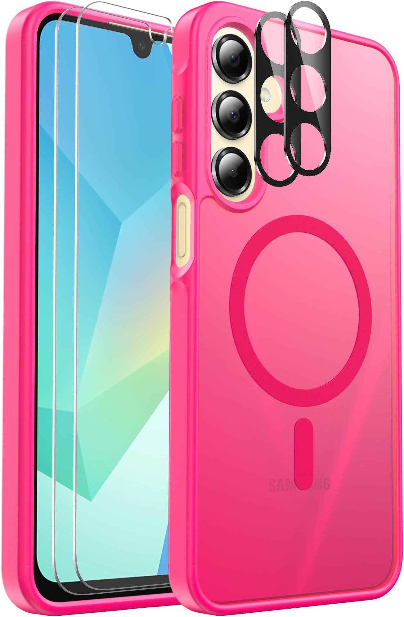 Ezanmull for Samsung Galaxy A16 5G Phone Case Magnetic Shockproof, [Fit for MagSafe] [Glass Screen Protector + Camera Lens Protector] Translucent Anti-Fingerprint (Hot Pink)