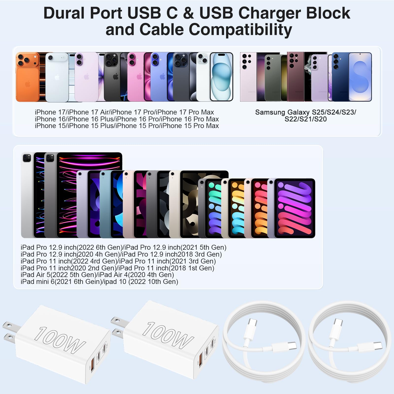 Caricatore USB C da 100 W, stazione di ricarica super veloce/cavo USB C lungo 3 m, 65 W tipo C, adattatore per laptop per MacBook Pro/Air/iPhone 17 16 15 Pro Max/Samsung Galaxy S26 S25 S24 S23 S22 S21