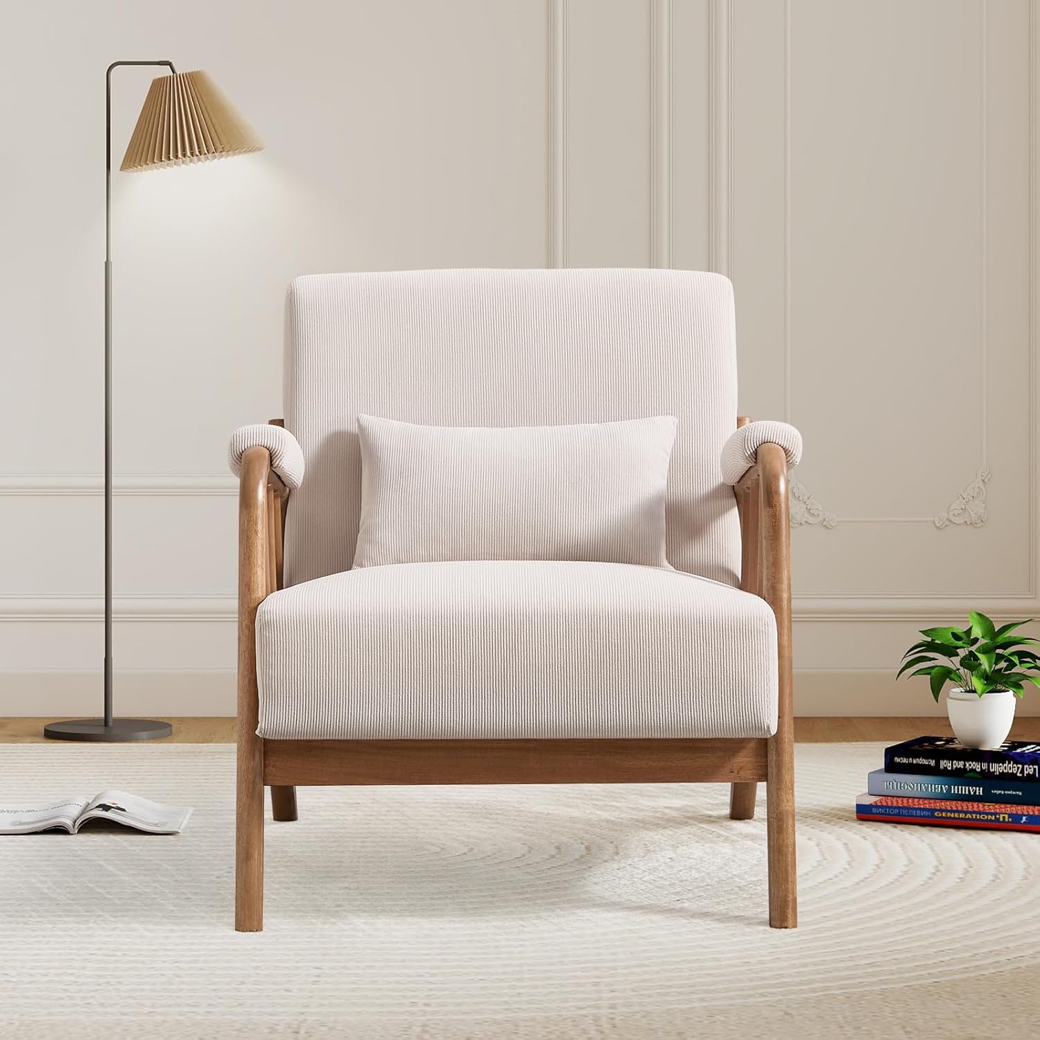 Mid Century Modern Accent Chair with Solid Wood Frame, Upholstered Living Room Chairs with Lumbar Cushion Padded Arms, Reading Armchair for Bedroom (1, Beige)