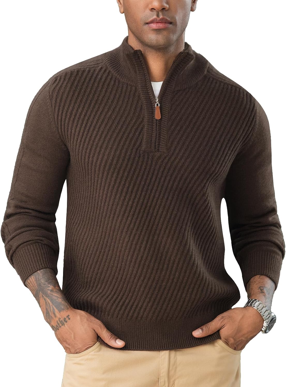 Flygo Quarter Zip Pullover Sweaters for Men Casual Long Sleeve Knitted Textured Mock Neck Polo Sweater