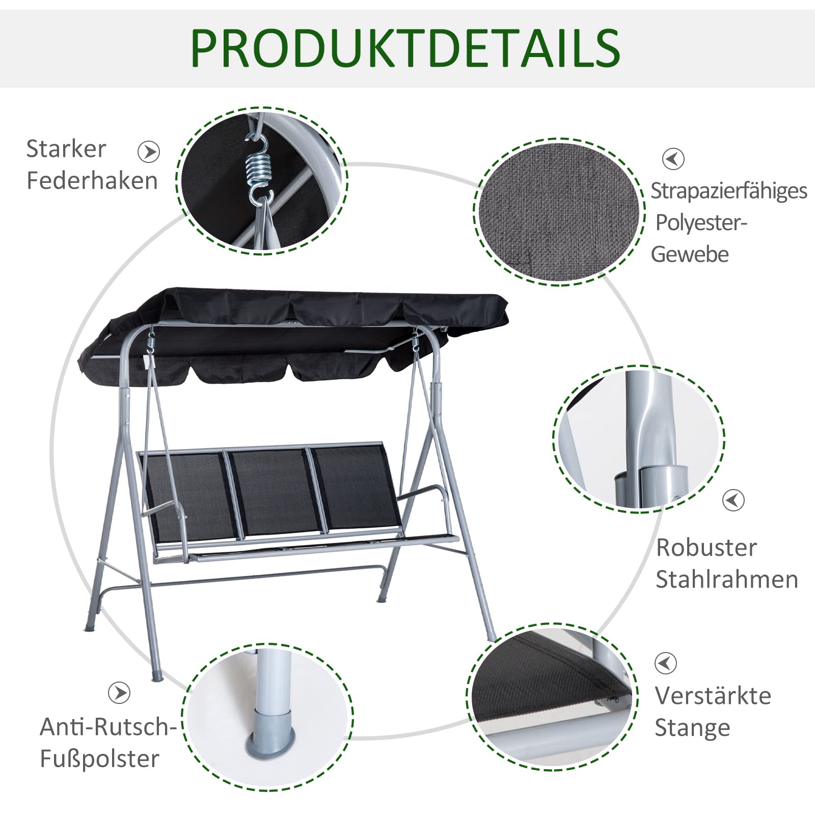 Outsunny Hollywoodschaukel mit verstellbarem Sonnendach, 3-Sitzer Gartenschaukel mit Anti-Rutsch-Füßen, Schaukelbank belastbar bis 240 kg, Gartenliege für Garten, Terrasse, 171x108x154cm, Schwarz