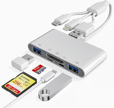 SD Card Reader for iPhone/iPad, USB C and Lightning Port SD Card Adapter with 2 USB 3.0, Memory Card Reader for Camera Adapter, Support SD, Micro SD, Type C, USB-A Devices