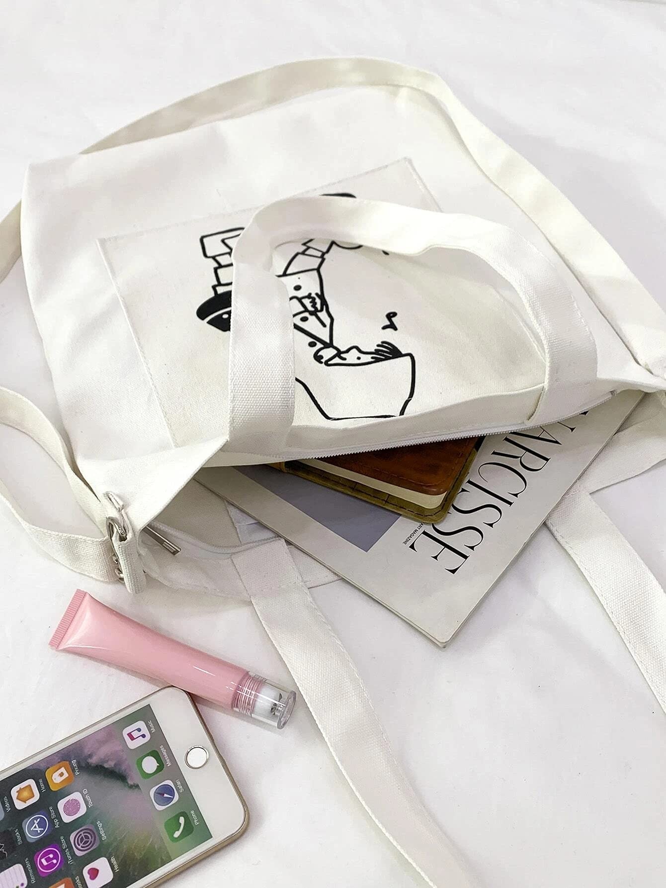 Glowic Women, Cute Hand Girls for College, Travel, Grocery, Reusable Shopping Book Bag(WBAG-36) (White) Contemporary 1
