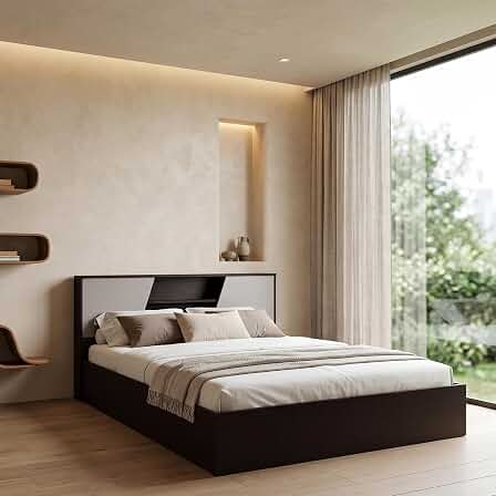 Interio by Godrej Bed, Hannah King Size Engineered Wood Bed with Box Storage, 1-Year Warranty, Cola-Rain, Prelaminated Particle Board